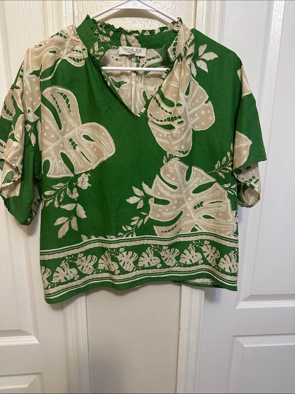 Rachel Zoe Green and Cream Tropical V-Neck Tunic